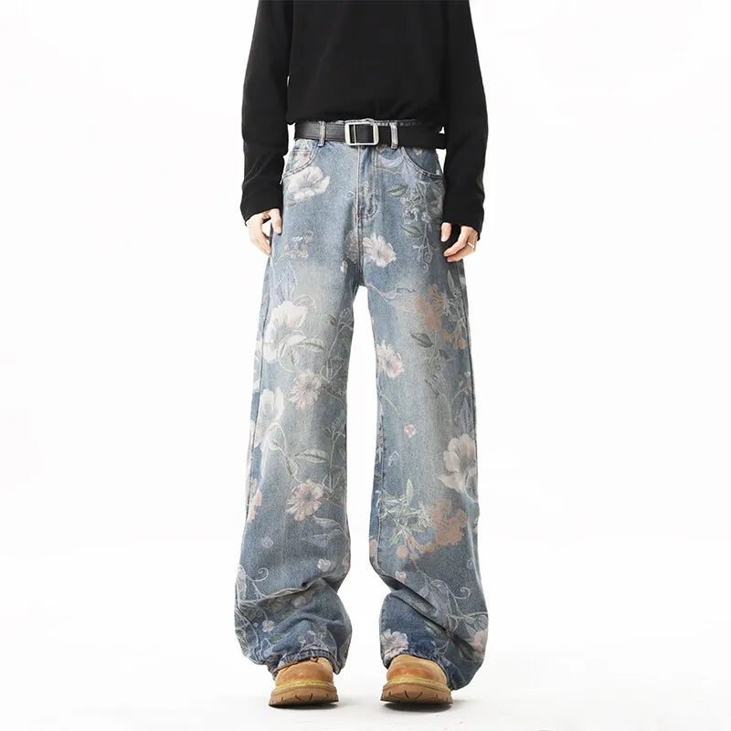 Printed denim jeans men American hip-hop High quality men women trendy retro floral print straight leg loose wide casual pants