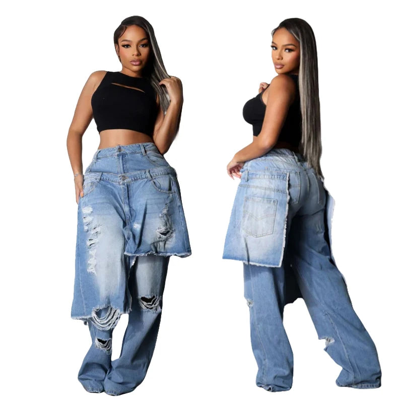 Fashion Denim Pants Women Street Wear New 2025 Fall Winter Stretch Vintage Y2k Trousers Apron Overup Ripped Straight Leg Jeans